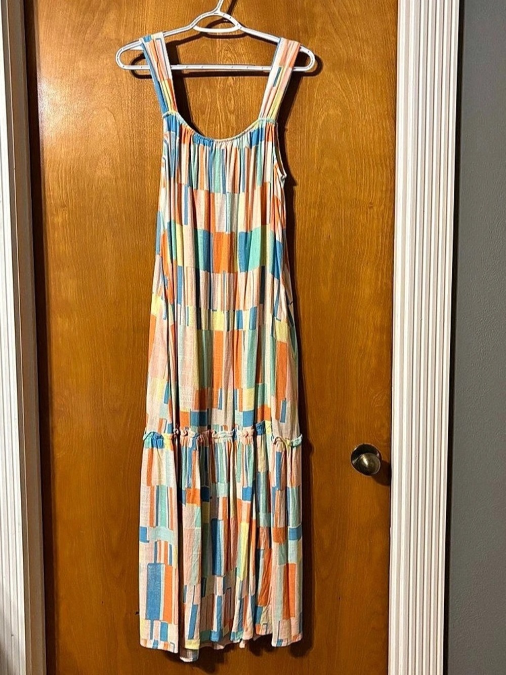 Wonderly Geometric Maxi Dress in Orange & Blue Size Large Like New